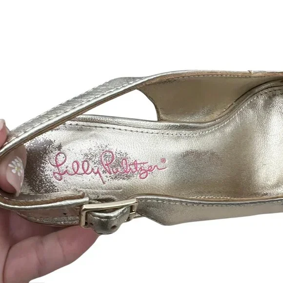 Lilly Pulitzer Gigi Leather Slingback Open Toe Gold Wedge Sandals Women's Sz 7. - Picture 6 of 14